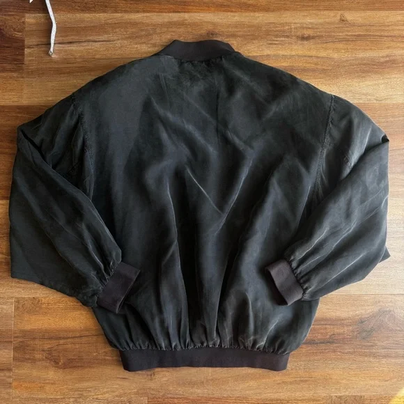 Vintage Quick Reflex 100% Silk Bomber Jacket Black Lightweight Zip Up Minimalist - Picture 4 of 8